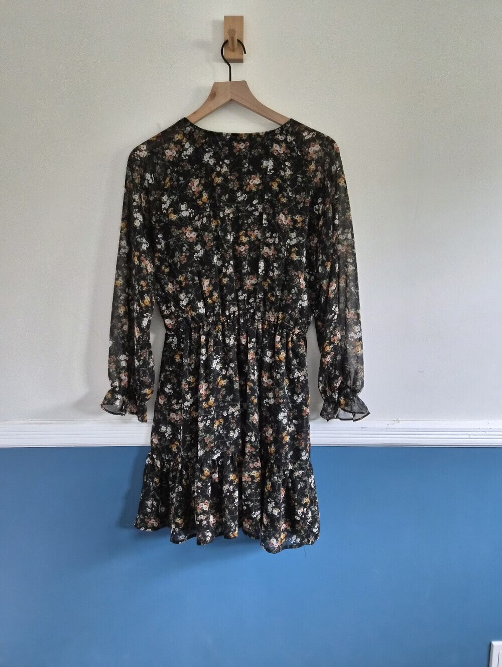 Dex Black Floral Chiffon Boho Long Sleeve Mini Dress, Medium, Cottagecore Vibes - Picture 5 of 14